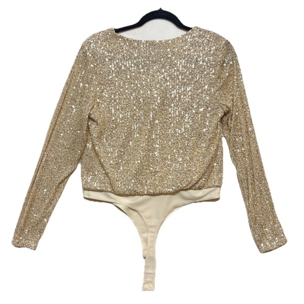 NWT Sequin Bodysuit Top Gold Champagne Long Sleeve Party Cocktail Women's Medium - Picture 6 of 10